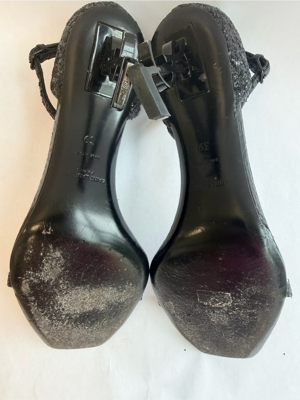 Saint Laurent Opyum Ankle Strap Sandals YSL Monogram Heel Black Glitter 39 - Picture 10 of 13
